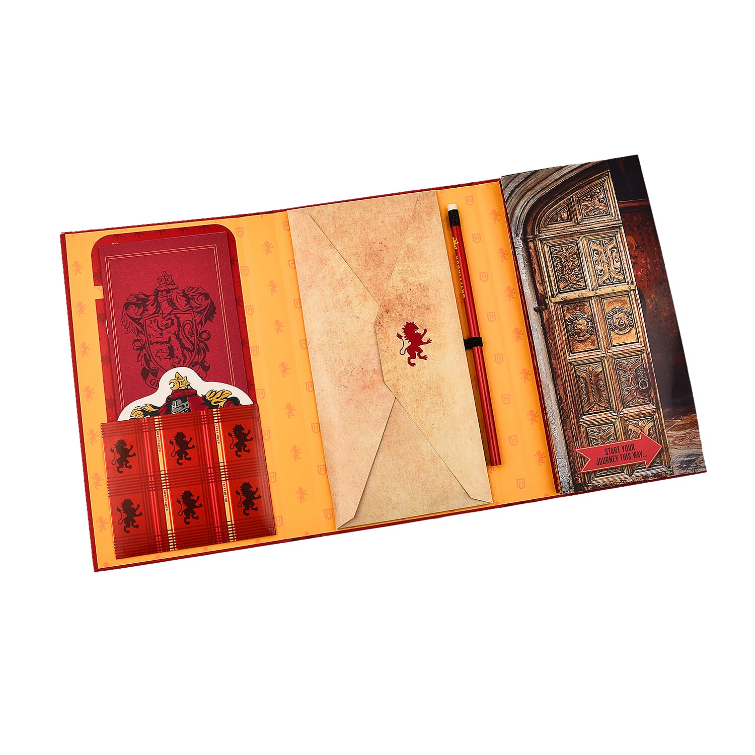 Harry Potter Book with Badge, Flag, Journals, Pencil & Artifacts from Wizarding World - Gryffindor Magic