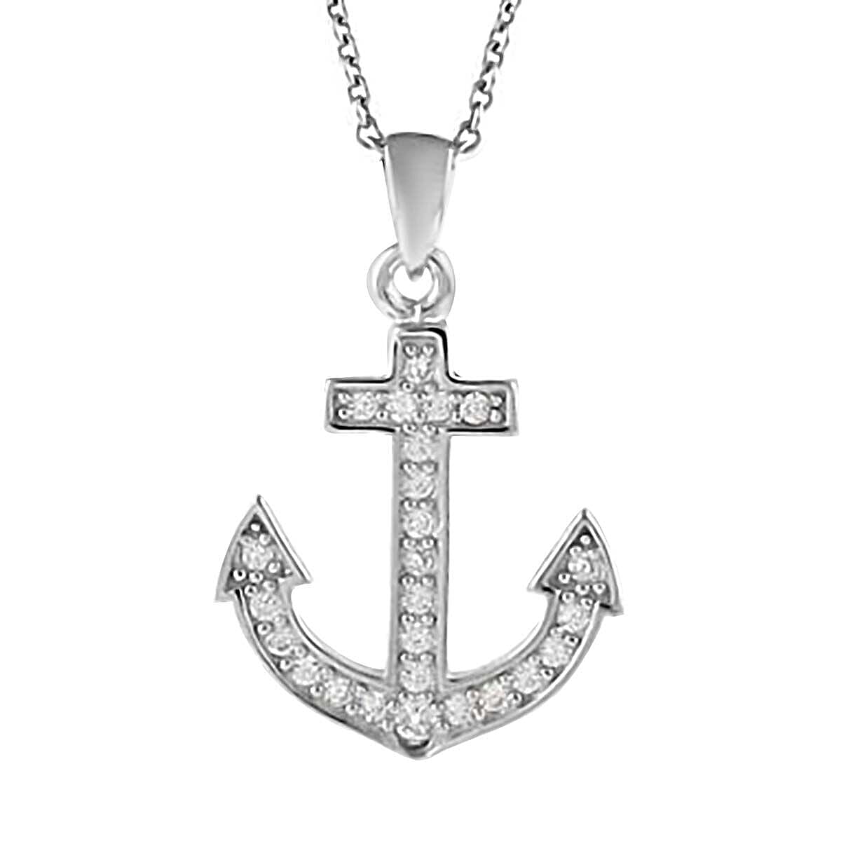 NY Closeout - Cubic Zirconia Anchor Pendant with Chain (Size 18) in Rhodium Overlay Sterling Silver
