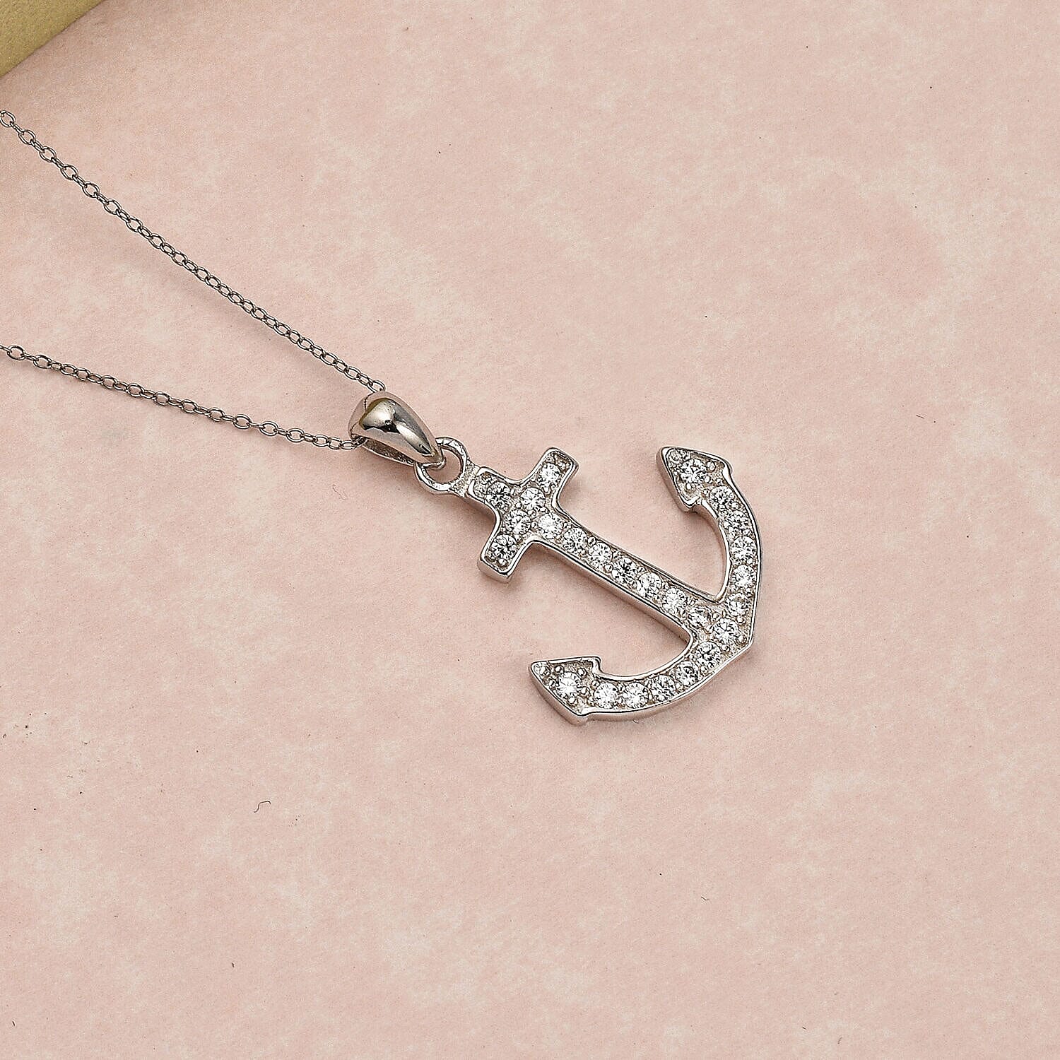 NY Closeout - Cubic Zirconia Anchor Pendant with Chain (Size 18) in Rhodium Overlay Sterling Silver