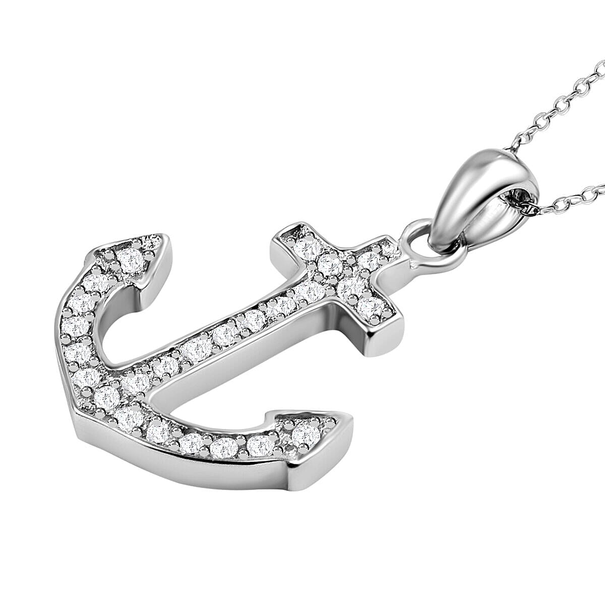 NY Closeout - Cubic Zirconia Anchor Pendant with Chain (Size 18) in Rhodium Overlay Sterling Silver