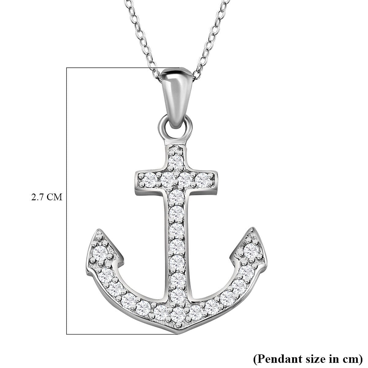 NY Closeout - Cubic Zirconia Anchor Pendant with Chain (Size 18) in Rhodium Overlay Sterling Silver