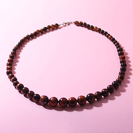 Red Tiger Eye Necklace with Lobster Clasp (Size 20) in Rhodium Overlay Sterling Silver 250.00 Ct.