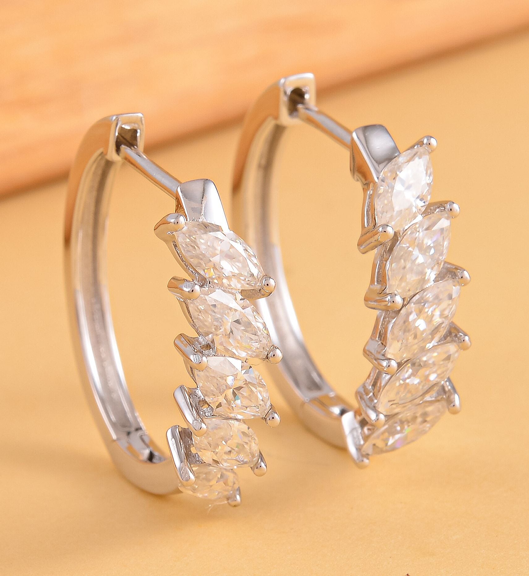 Moissanite Hoop Earrings (With Clasp) in Rhodium Overlay Sterling Silver 3.00 Ct.