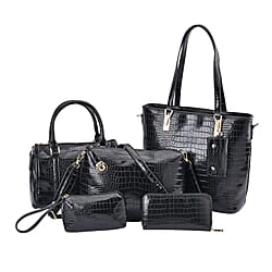 Closeout Deal - Set of 6 Croc Embossed Handbags (Incl. Tote Bag, Boston Bag, Crossbody Bag, Wallet, Wrist Bag, - Key Bag - Beige