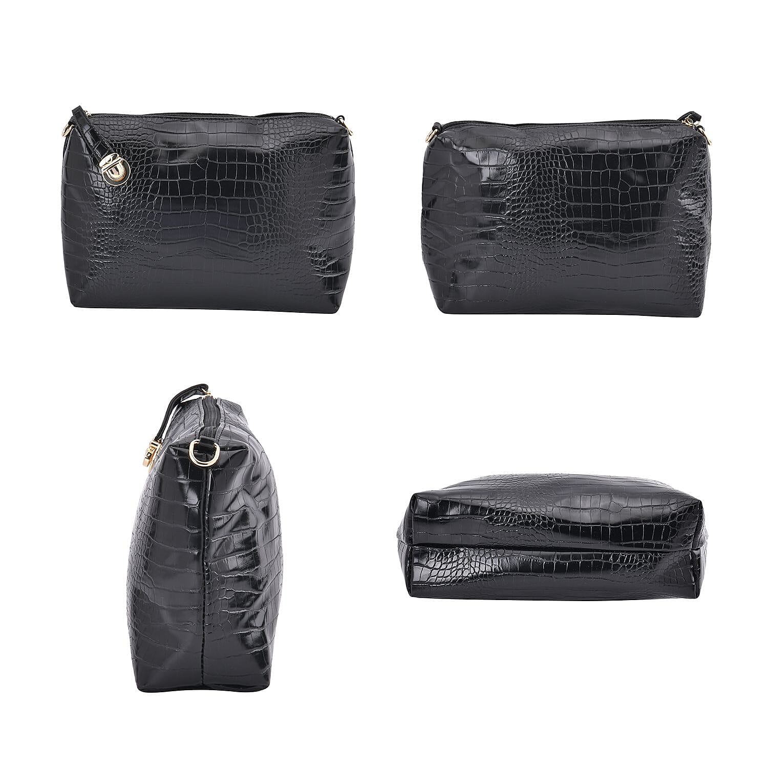Set of 6 Croc Embossed Pattern Handbags (Incl. Tote Bag, Boston Bag, Crossbody Bag, Wallet, Wrist Bag, - Key Bag - Black