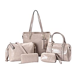 Closeout Deal - Set of 6 Croc Embossed Handbags (Incl. Tote Bag, Boston Bag, Crossbody Bag, Wallet, Wrist Bag, - Key Bag - Beige