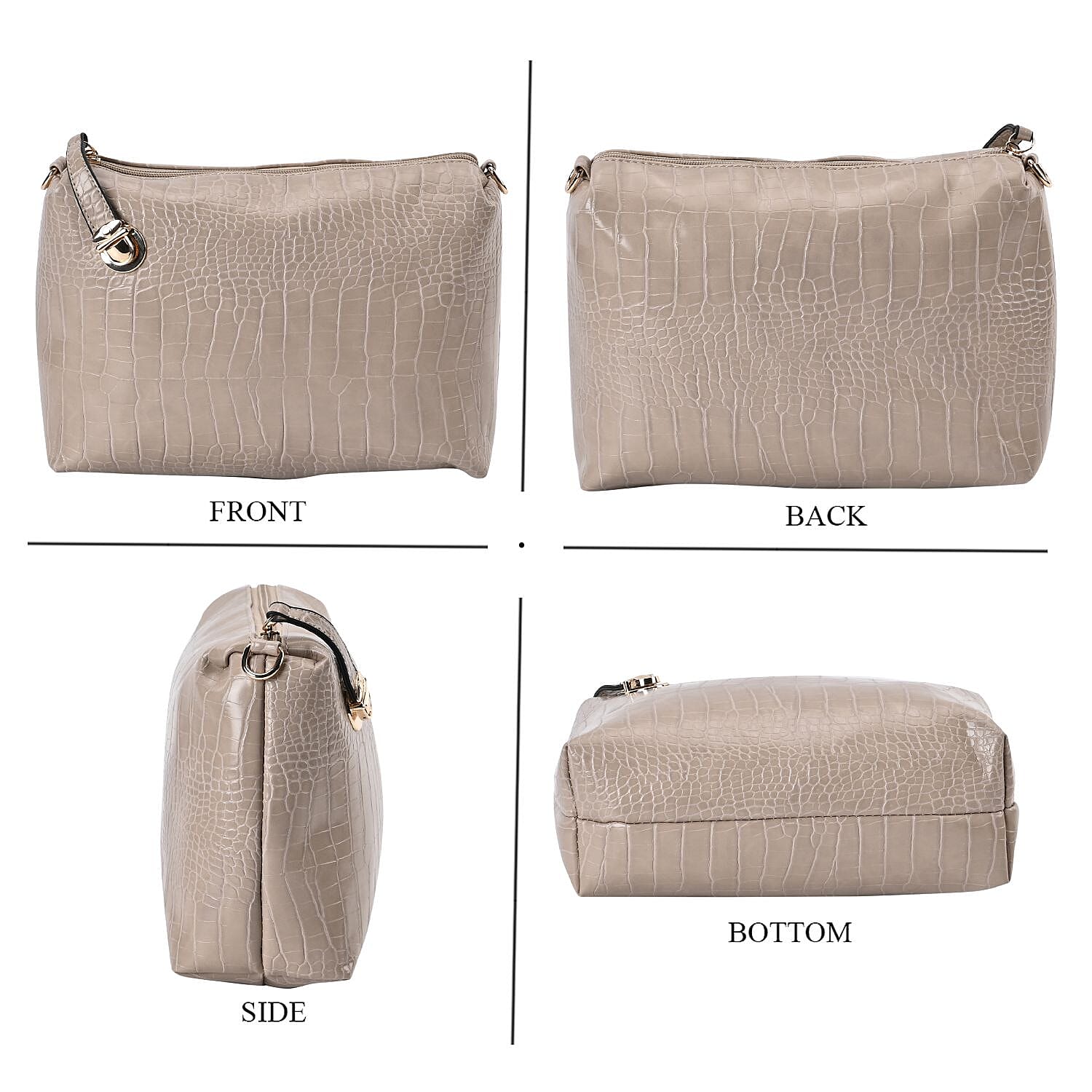 Set of 6 Croc Embossed Pattern Handbags (Incl. Tote Bag, Boston Bag, Crossbody Bag, Wallet, Wrist Bag, & Key Bag - Beige