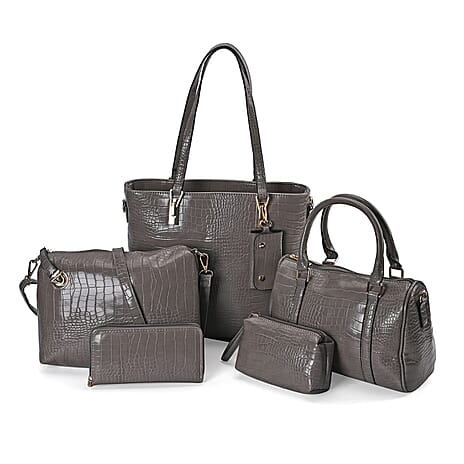 Set of 6 Croc Embossed Pattern Handbags (Incl. Tote Bag, Boston Bag, Crossbody Bag, Wallet, Wrist Bag, & Key Bag - Grey