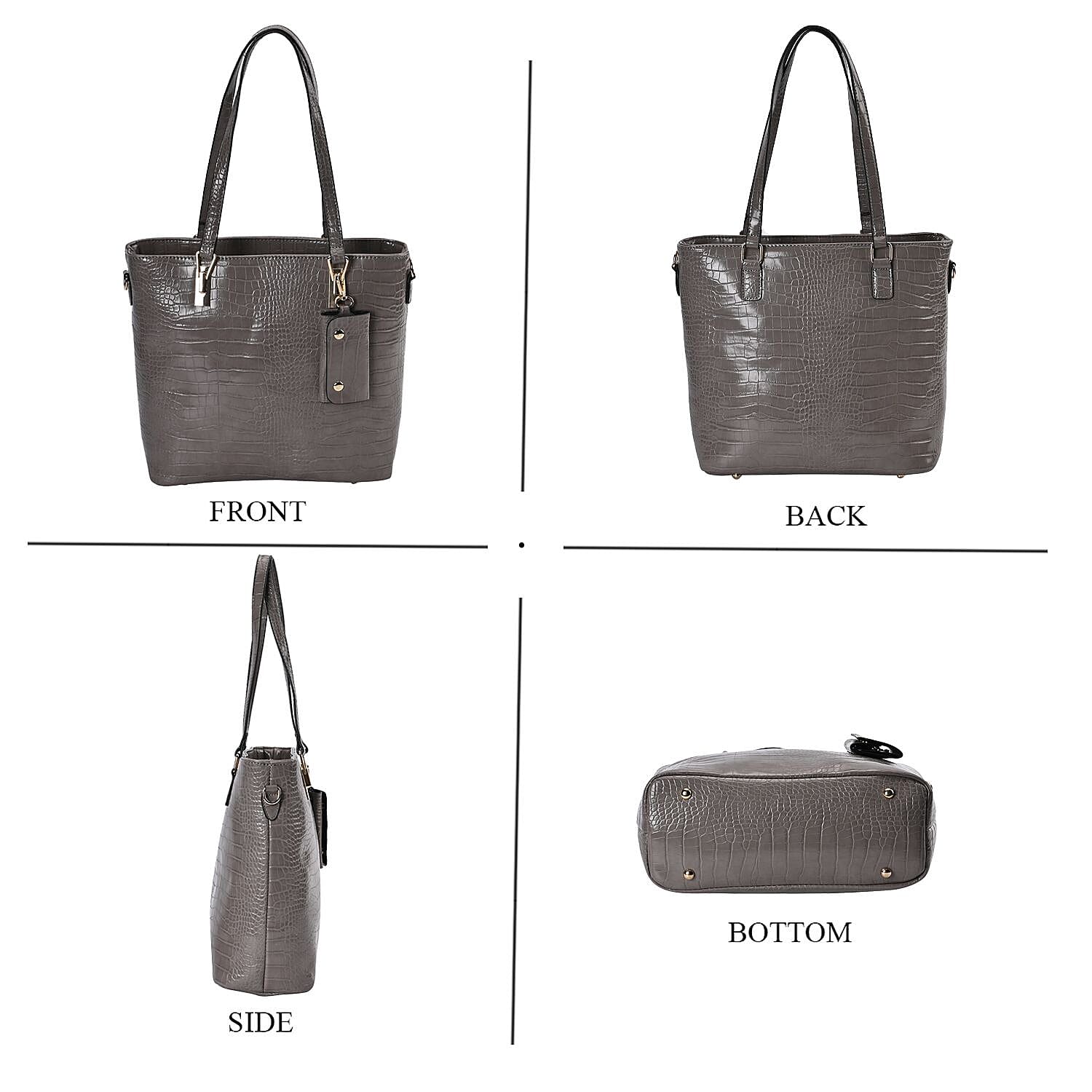 Set of 6 Croc Embossed Pattern Handbags (Incl. Tote Bag, Boston Bag, Crossbody Bag, Wallet, Wrist Bag, & Key Bag - Grey