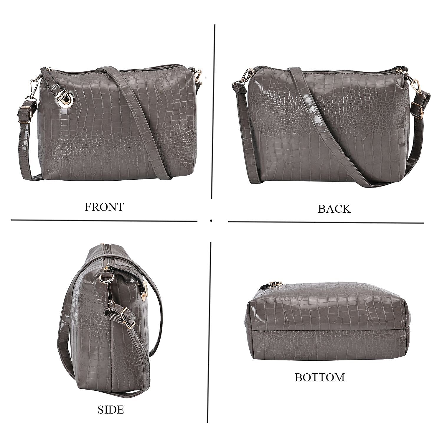 Set of 6 Croc Embossed Pattern Handbags (Incl. Tote Bag, Boston Bag, Crossbody Bag, Wallet, Wrist Bag, & Key Bag - Grey