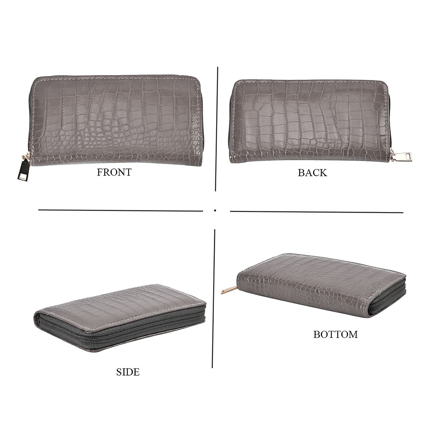 Set of 6 Croc Embossed Pattern Handbags (Incl. Tote Bag, Boston Bag, Crossbody Bag, Wallet, Wrist Bag, - Key Bag - Grey