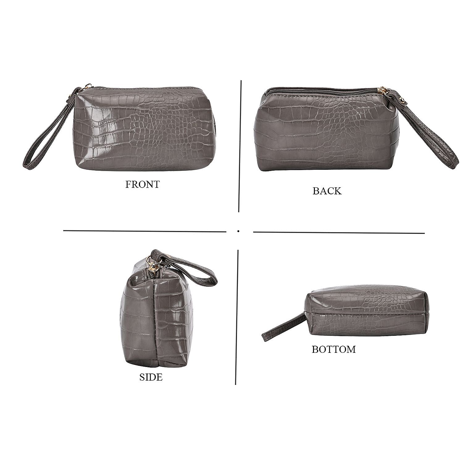 Set of 6 Croc Embossed Pattern Handbags (Incl. Tote Bag, Boston Bag, Crossbody Bag, Wallet, Wrist Bag, - Key Bag - Grey