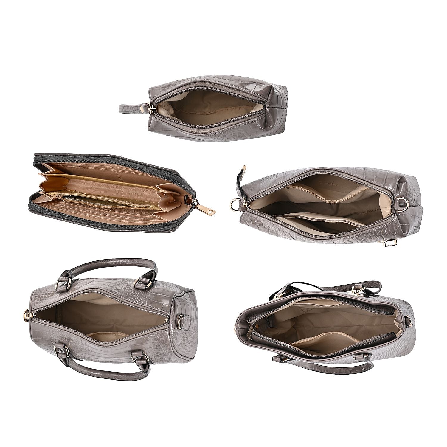 Set of 6 Croc Embossed Pattern Handbags (Incl. Tote Bag, Boston Bag, Crossbody Bag, Wallet, Wrist Bag, - Key Bag - Grey