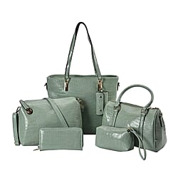Closeout Deal - Set of 6 Croc Embossed Handbags (Incl. Tote Bag, Boston Bag, Crossbody Bag, Wallet, Wrist Bag, - Key Bag - Beige