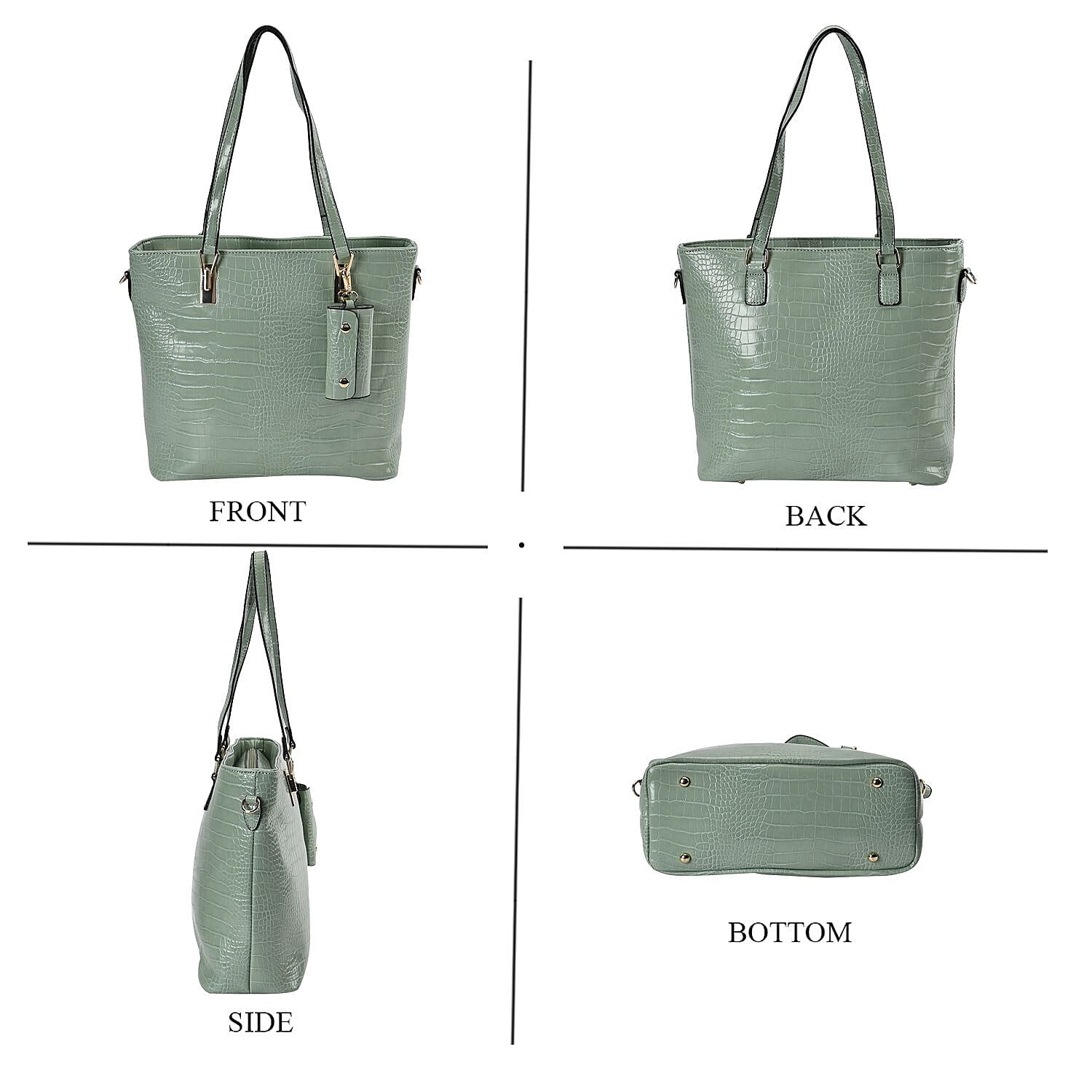 Closeout Deal - Set of 6 Croc Embossed Pattern Handbags (Incl. Tote Bag, Boston Bag, Crossbody Bag, Wallet, Wrist Bag, - Key Bag - Light Green