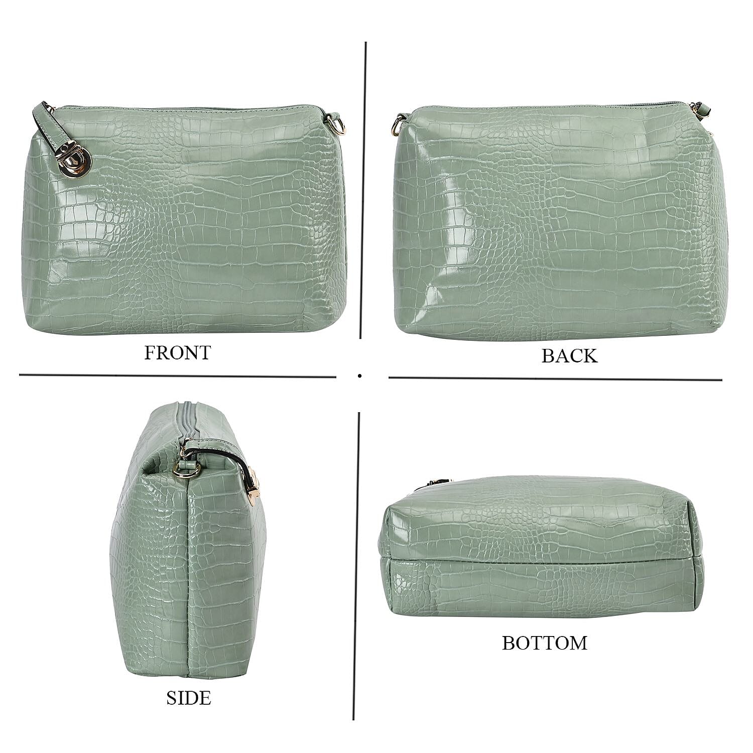 Closeout Deal - Set of 6 Croc Embossed Pattern Handbags (Incl. Tote Bag, Boston Bag, Crossbody Bag, Wallet, Wrist Bag, - Key Bag - Light Green