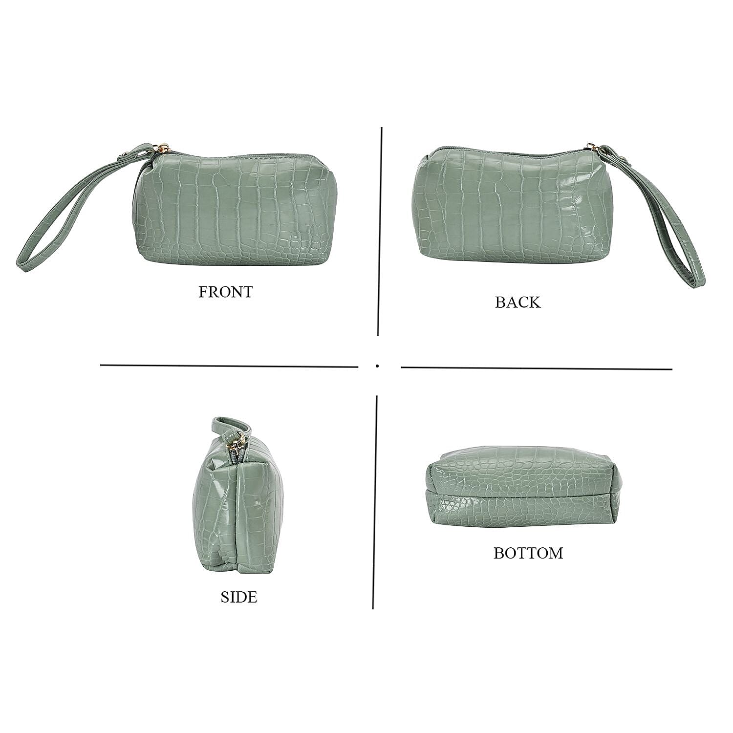 Closeout Deal - Set of 6 Croc Embossed Pattern Handbags (Incl. Tote Bag, Boston Bag, Crossbody Bag, Wallet, Wrist Bag, - Key Bag - Light Green
