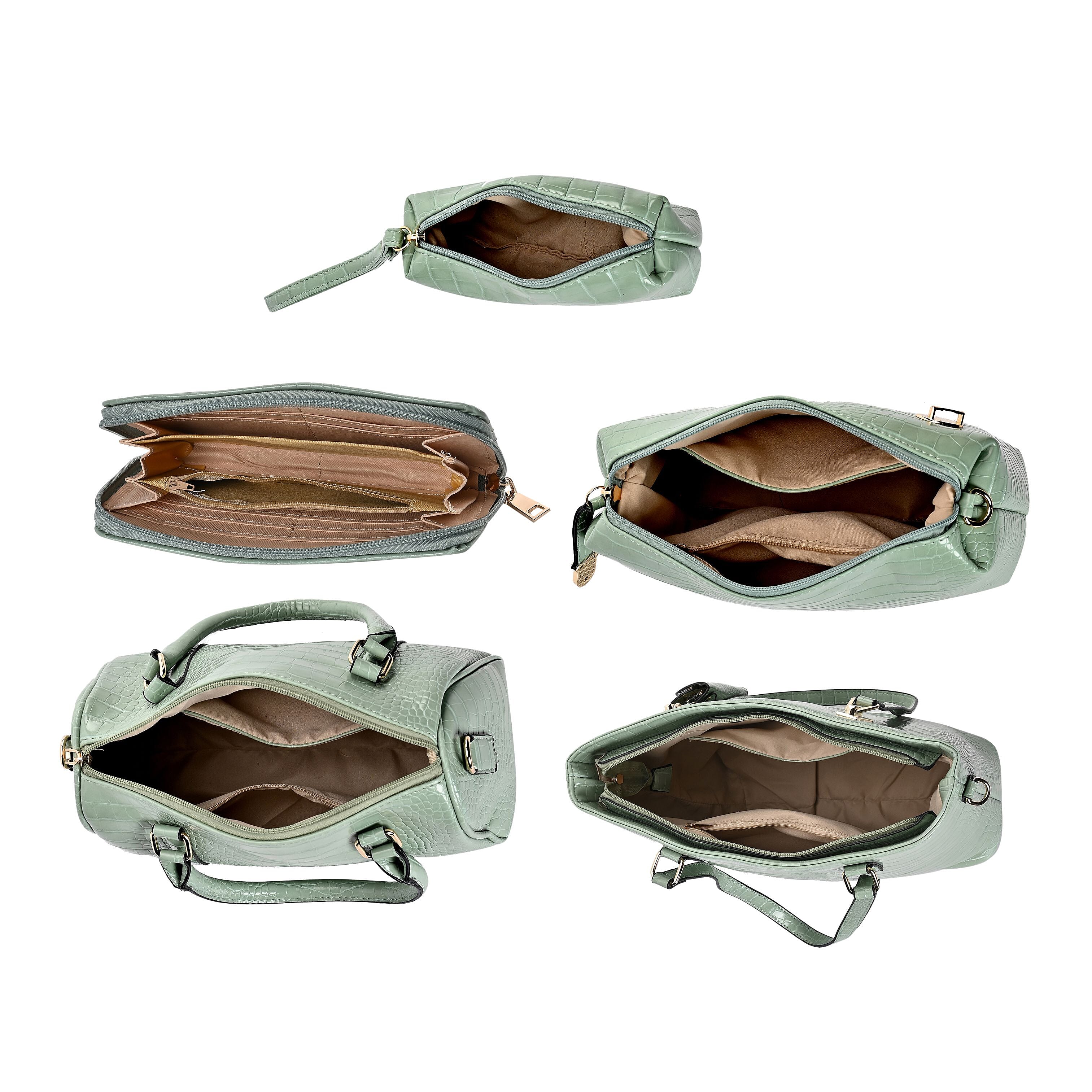 Closeout Deal - Set of 6 Croc Embossed Pattern Handbags (Incl. Tote Bag, Boston Bag, Crossbody Bag, Wallet, Wrist Bag, - Key Bag - Light Green