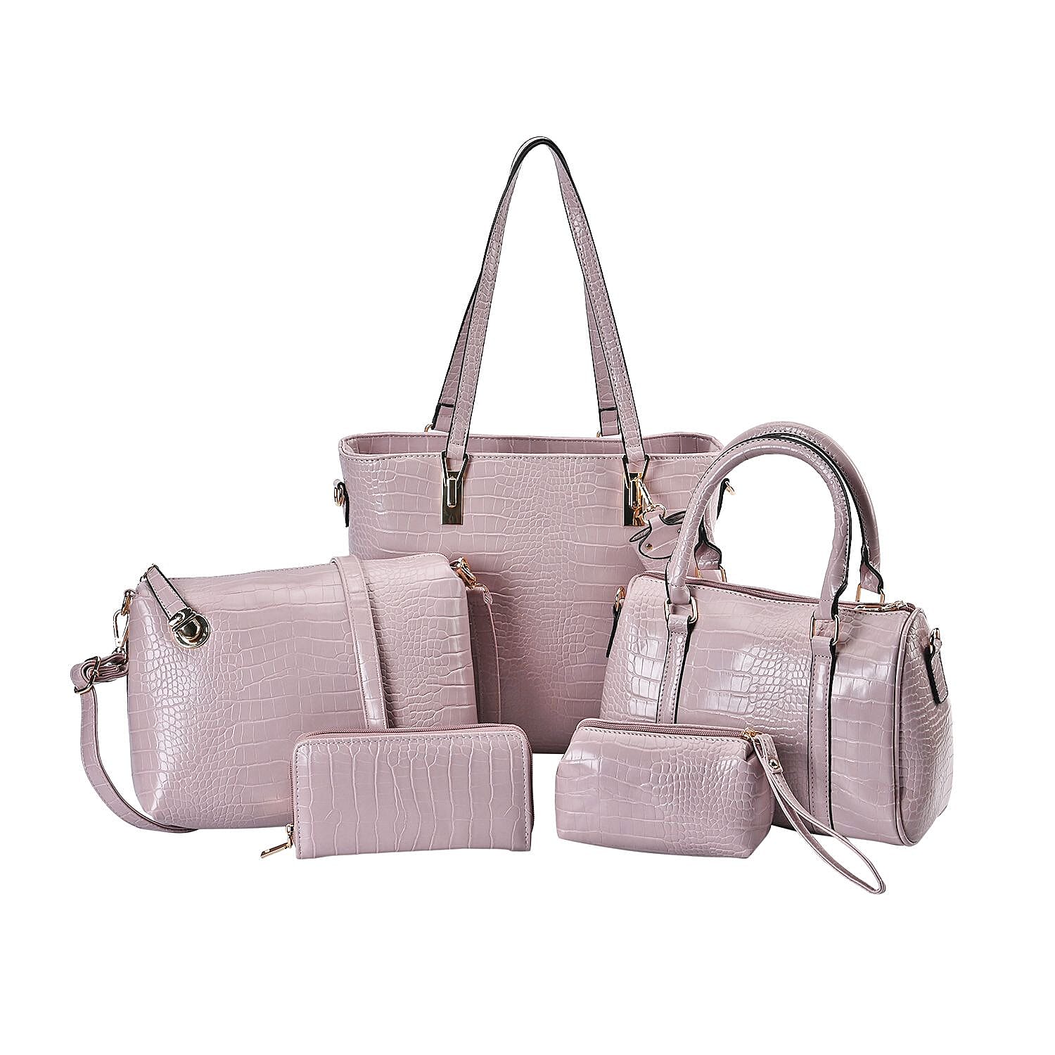 Closeout Deal - Set of 6 Croc Embossed Pattern Handbags (Incl. Tote Bag, Boston Bag, Crossbody Bag, Wallet, Wrist Bag, - Key Bag - Light Purple