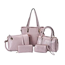 Closeout Deal - Set of 6 Croc Embossed Handbags (Incl. Tote Bag, Boston Bag, Crossbody Bag, Wallet, Wrist Bag, - Key Bag - Beige