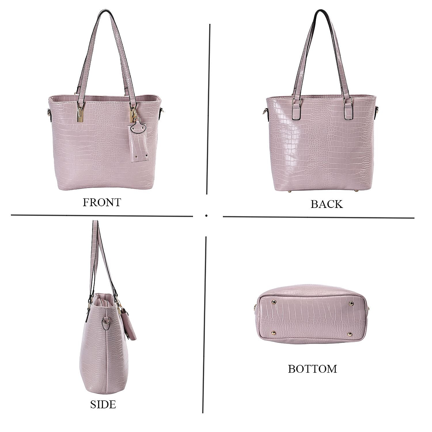 Closeout Deal - Set of 6 Croc Embossed Pattern Handbags (Incl. Tote Bag, Boston Bag, Crossbody Bag, Wallet, Wrist Bag, - Key Bag - Light Purple