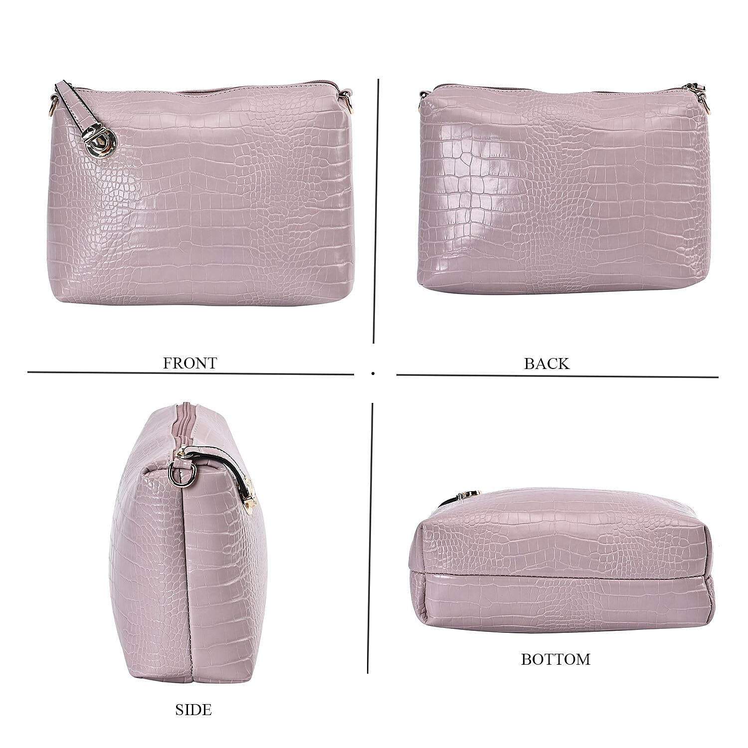 Closeout Deal - Set of 6 Croc Embossed Pattern Handbags (Incl. Tote Bag, Boston Bag, Crossbody Bag, Wallet, Wrist Bag, - Key Bag - Light Purple