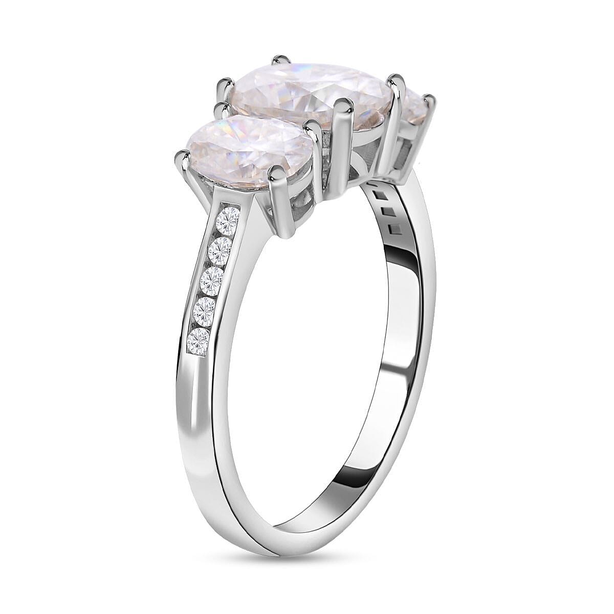 Moissanite Trilogy Ring in Rhodium Overlay Sterling Silver 4.14 Ct.