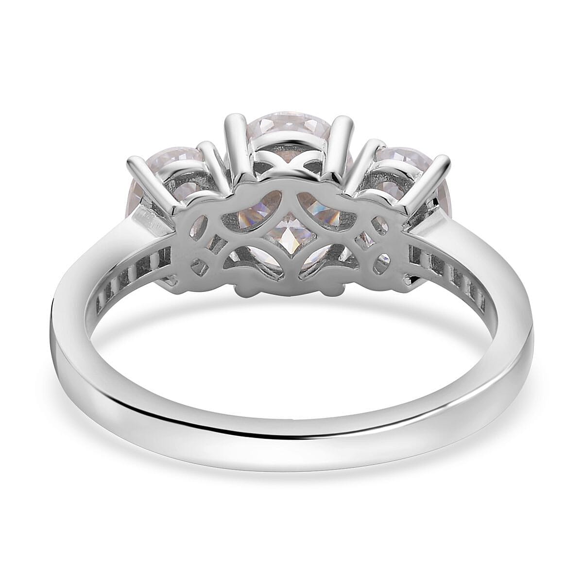 Moissanite Trilogy Ring in Rhodium Overlay Sterling Silver 4.14 Ct.