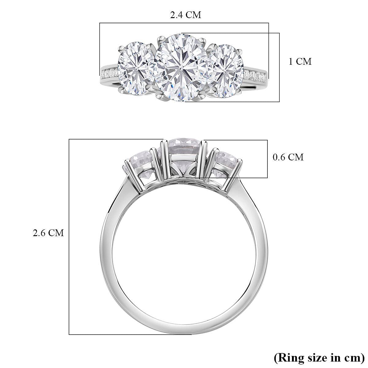 Moissanite Trilogy Ring in Rhodium Overlay Sterling Silver 4.14 Ct.