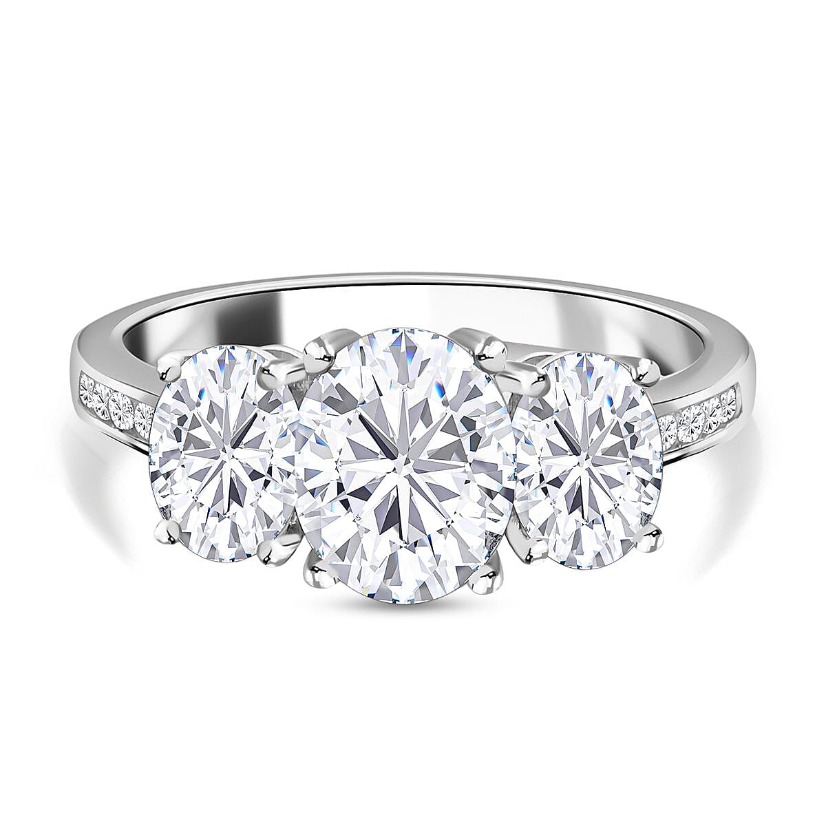 Moissanite Trilogy Ring in Rhodium Overlay Sterling Silver 4.14 Ct.