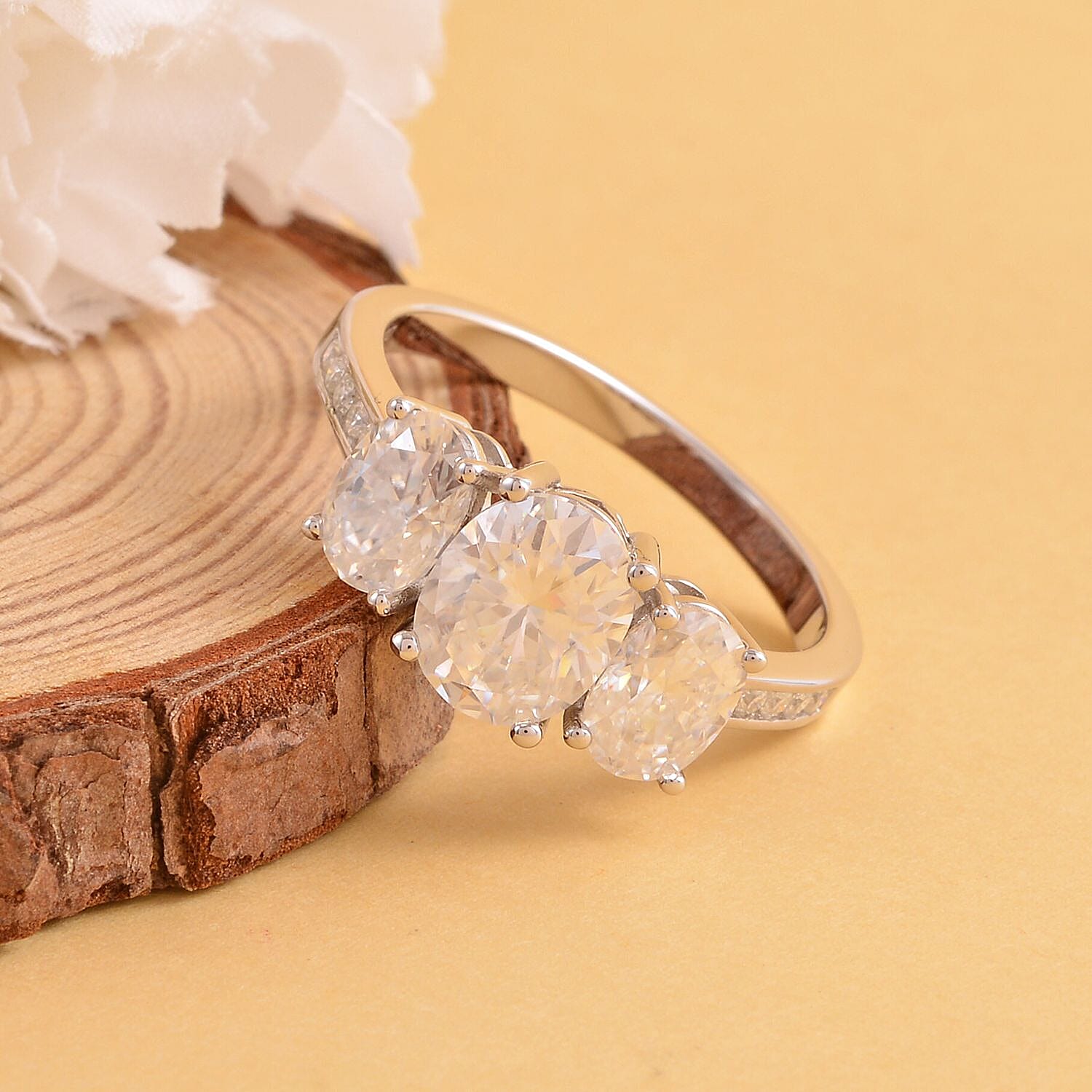 Moissanite Trilogy Ring in Rhodium Overlay Sterling Silver 4.14 Ct.