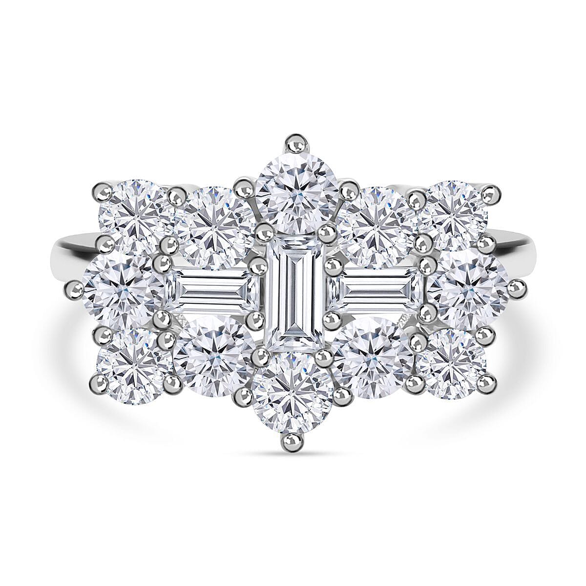 Moissanite Boat Ring in Rhodium Overlay Sterling Silver 2.55 Ct. Moissanite Boat Ring in Rhodium Overlay Sterling Silver 2.55 Ct.
