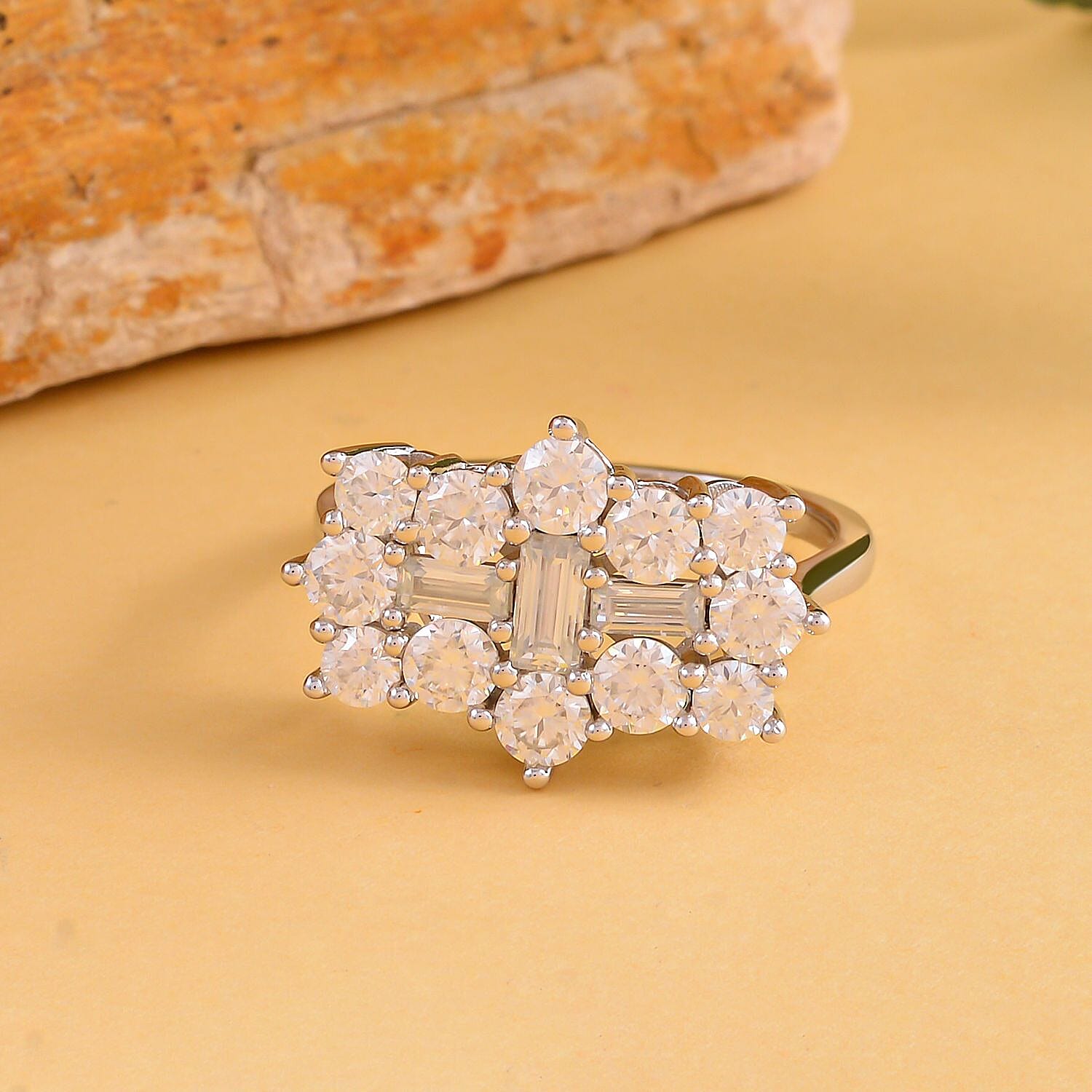 Moissanite Boat Ring in Rhodium Overlay Sterling Silver 2.55 Ct. Moissanite Boat Ring in Rhodium Overlay Sterling Silver 2.55 Ct.