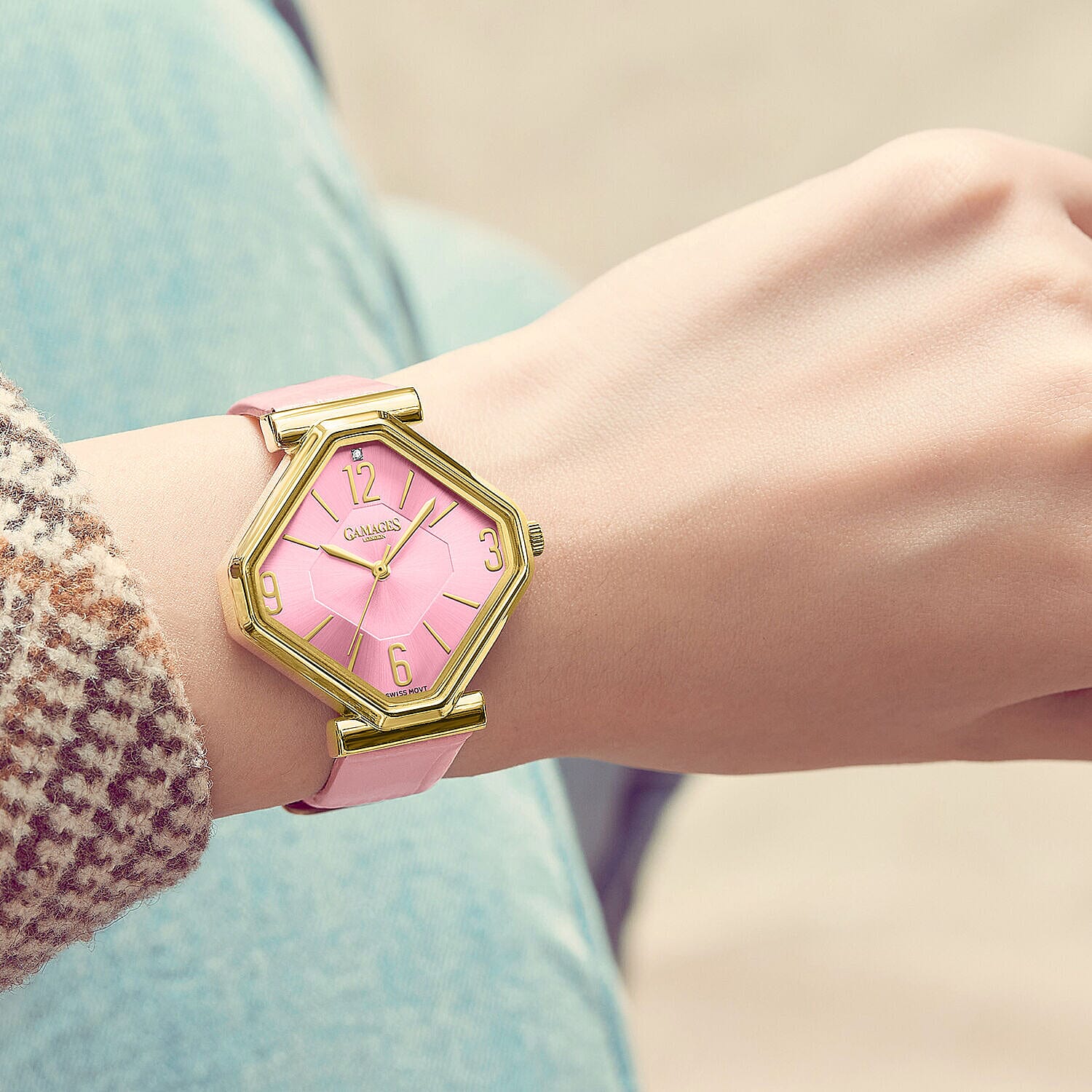 Limited Edition - Gamages Of London Ladies Diamond Stature Ladies Watch with Leather Strap - Pink