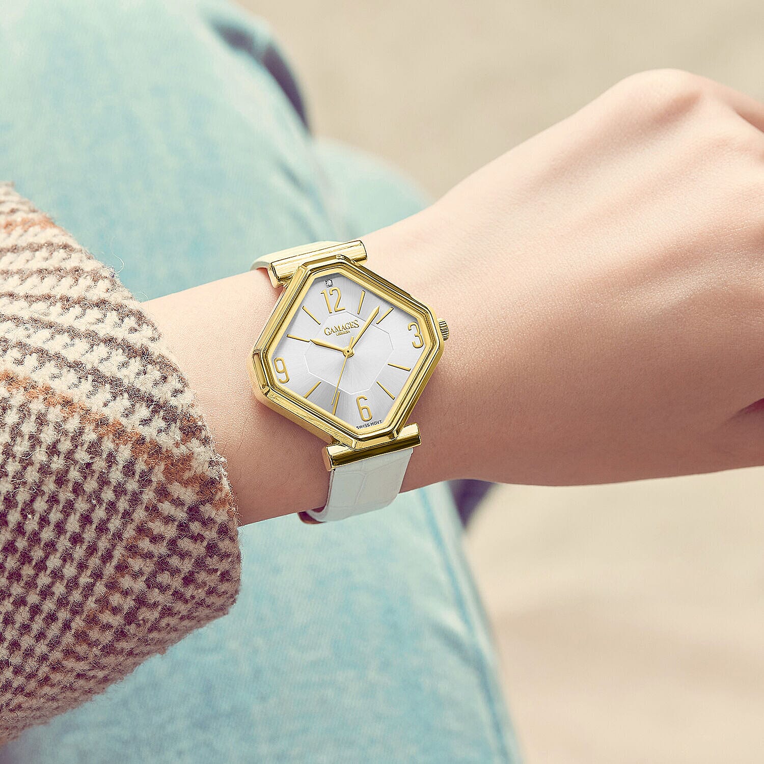 Limited Edition - Gamages Of London Ladies Diamond Stature Ladies Watch with Leather Strap - White