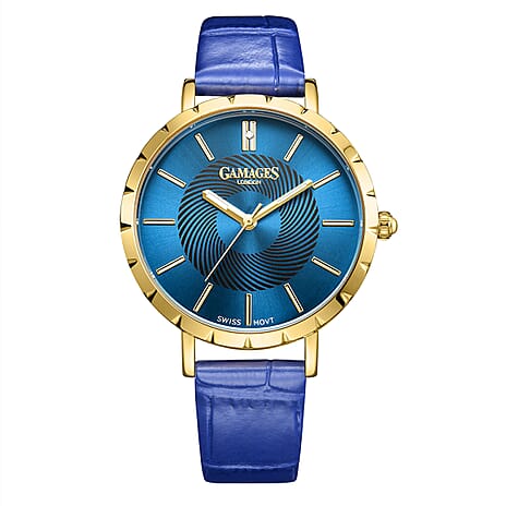 GAMAGES OF LONDON Limited Edition Radiant Diamond Swiss Movement Blue Gold Dial Water Resistant Watch with Blue Leather Strap