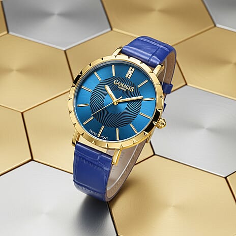 GAMAGES OF LONDON Limited Edition Radiant Diamond Swiss Movement Blue Gold Dial Water Resistant Watch with Blue Leather Strap