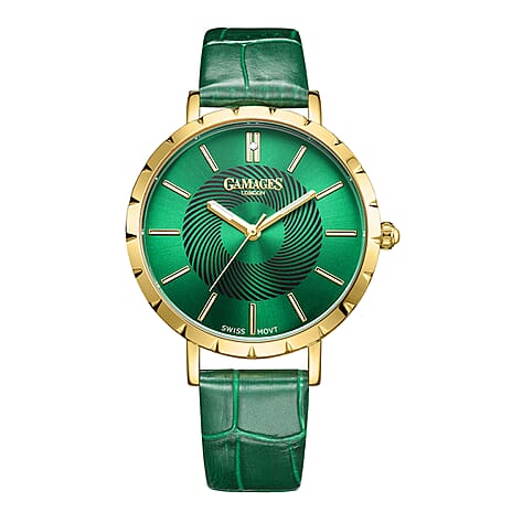 GAMAGES OF LONDON Limited Edition Radiant Diamond Swiss Movement Green Gold Dial Water Resistant Watch with Green Leather Strap