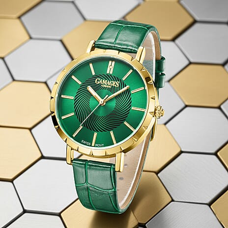 GAMAGES OF LONDON Limited Edition Radiant Diamond Swiss Movement Green Gold Dial Water Resistant Watch with Green Leather Strap