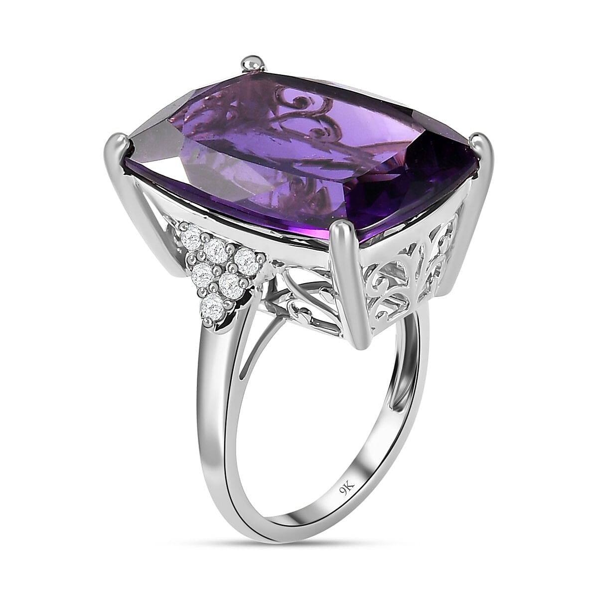 9K White Gold Amethyst & Moissanite Ring 14.32 Ct.