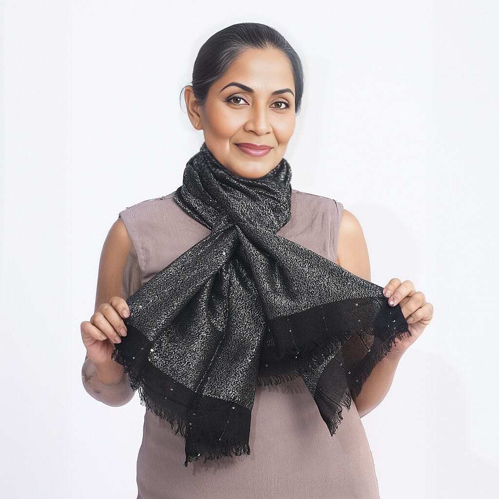 Viscose Shiny Metallic Mesh Shawl - Black