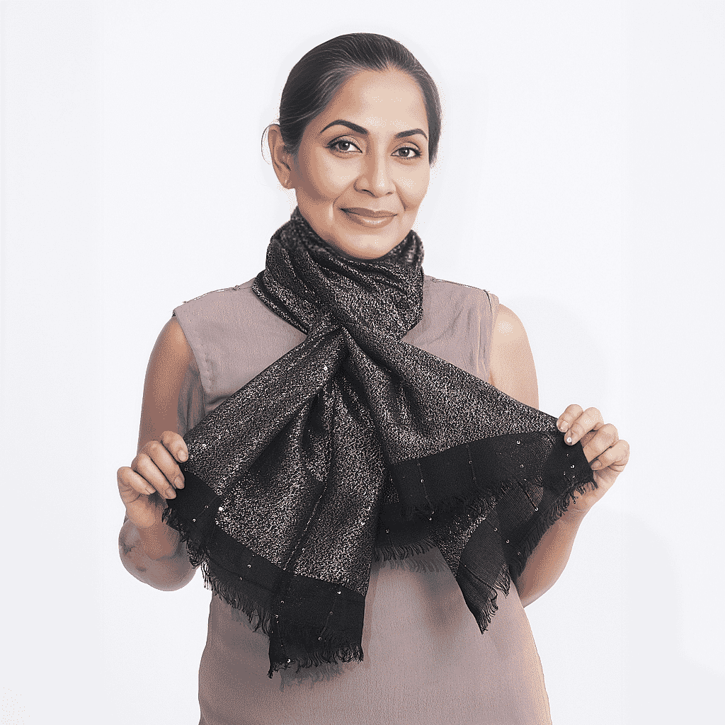 Viscose Shiny Metallic Mesh Shawl - Black