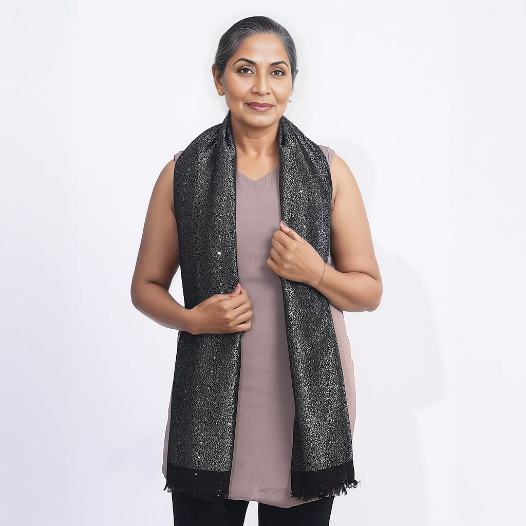 Viscose Shiny Metallic Mesh Shawl - Black