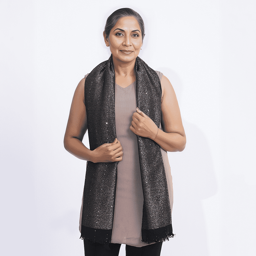 Viscose Shiny Metallic Mesh Shawl - Black