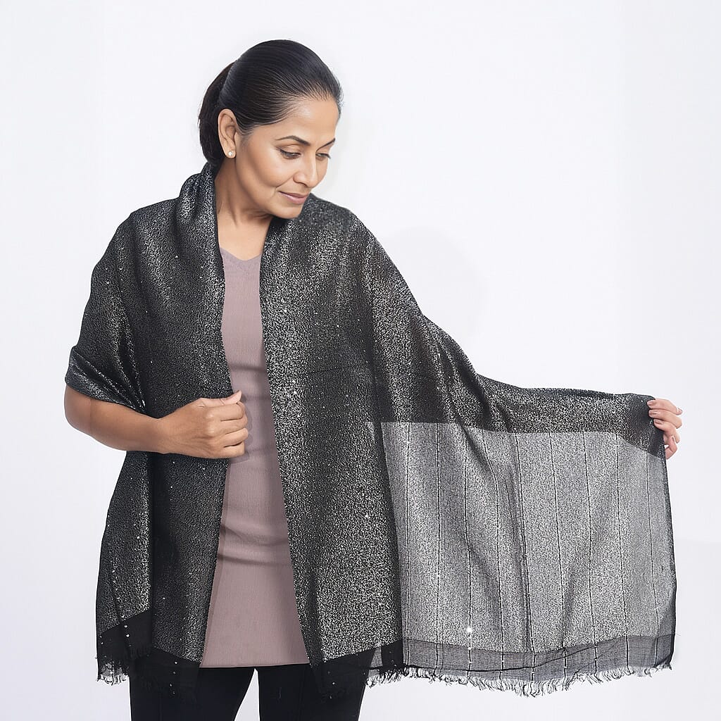 Viscose Shiny Metallic Mesh Shawl - Black