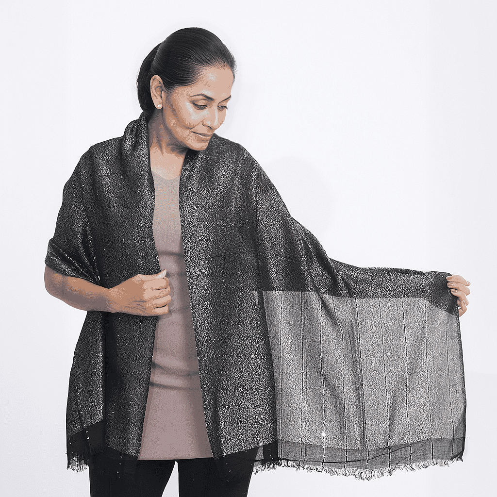 Viscose Shiny Metallic Mesh Shawl - Black