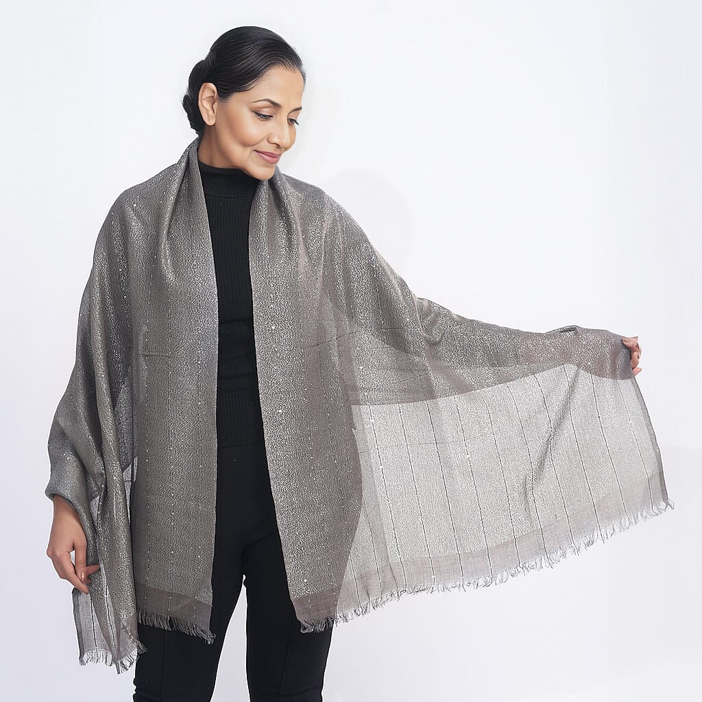 Viscose Shiny Metallic Mesh Shawl - Charcoal