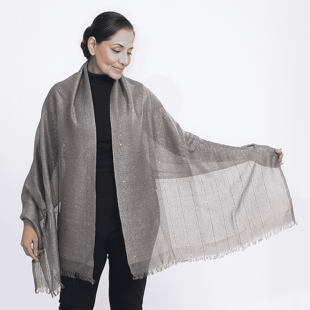 Viscose Shiny Metallic Mesh Shawl - Charcoal
