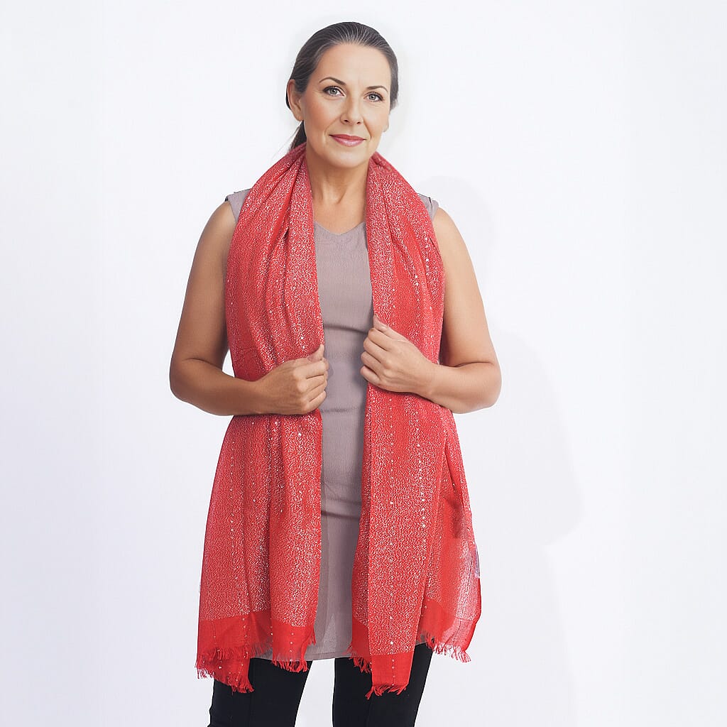 Viscose Shiny Metallic Mesh Shawl - Red