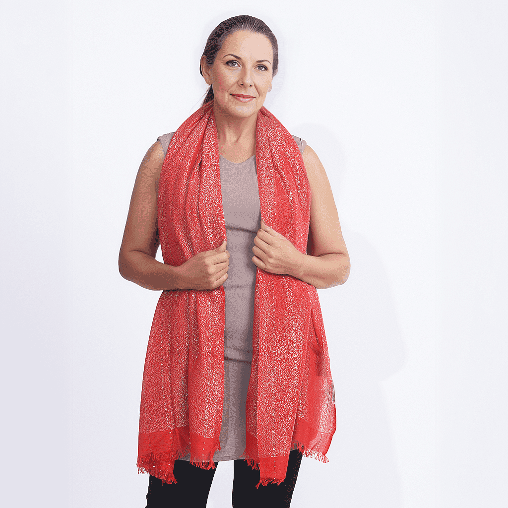 Viscose Shiny Metallic Mesh Shawl - Red